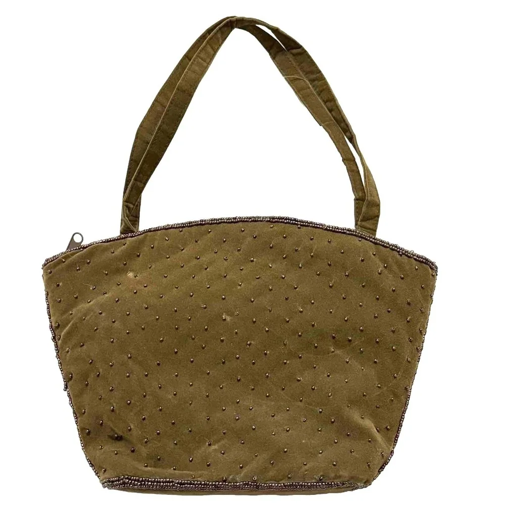 ERMO Collection‎ Evening Velvet Floral Beaded Handbag Zipper Olive Green